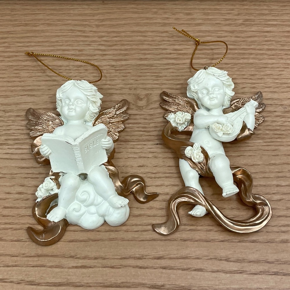 Vintage Cherub Christmas Ornament Angels Gold Gilt Trim Holding Bible Lyre Lot 2